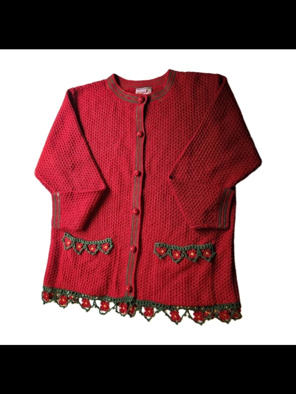 Vintage April Cornell Cardigan Women M Red Crochet Floral Wool Blend Cottagecore